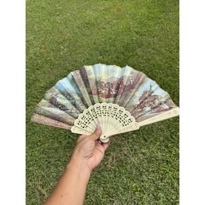 Vintage Fan Spanish Paintings‎ Fabric/Canvas Fan with Beige Celluloid Ribs Goya